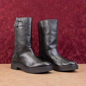 Vince Women Black Leather Mid Calf Moto Biker Slip-on Buckle Mid Boots sz 9.5